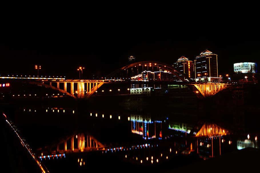 urban landscape, night, bridge, reflection, light, city, river HD wallpaper