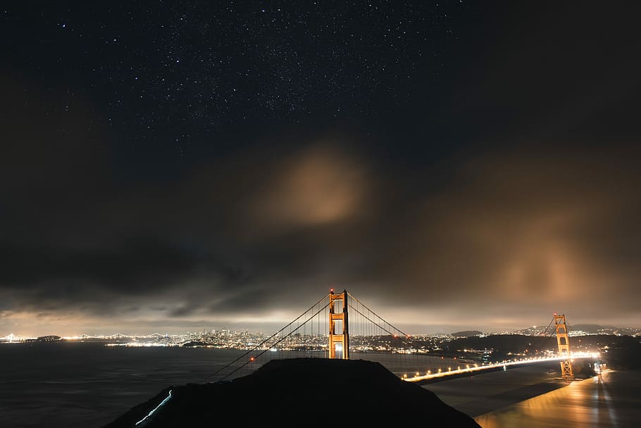 golden bridge during night time, lighted suspension bridge, cloud HD wallpaper