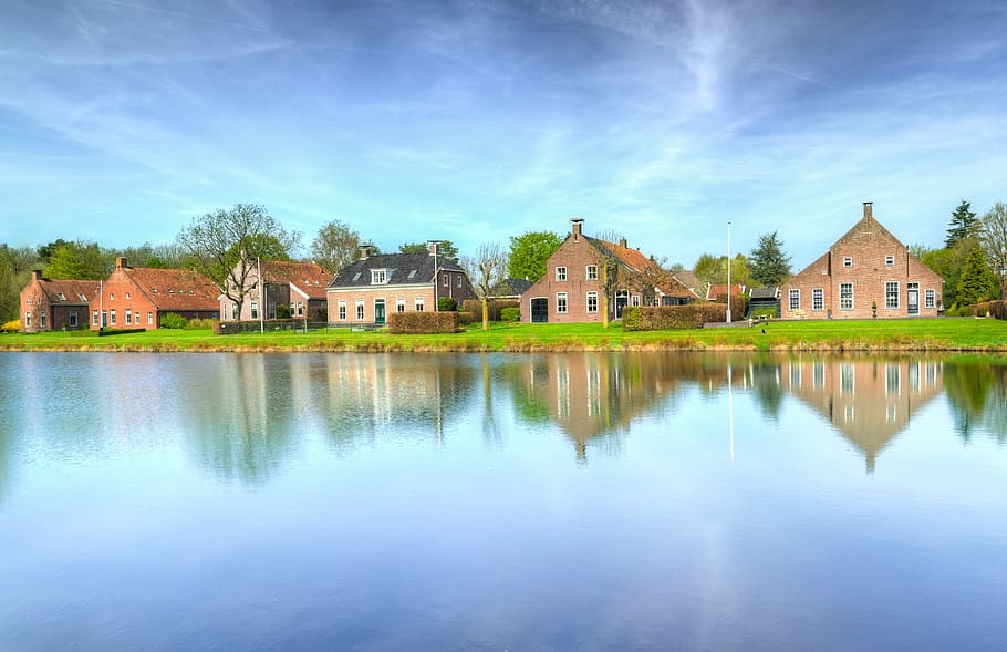 house near body of water, river, reflection, lake, architecture HD wallpaper