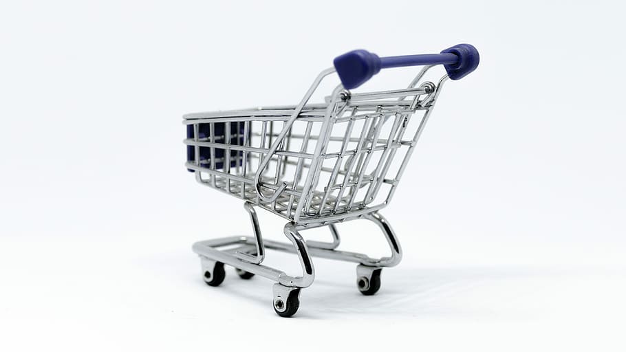 silver and blue shopping cart, supermarket, tram, basket, isolated