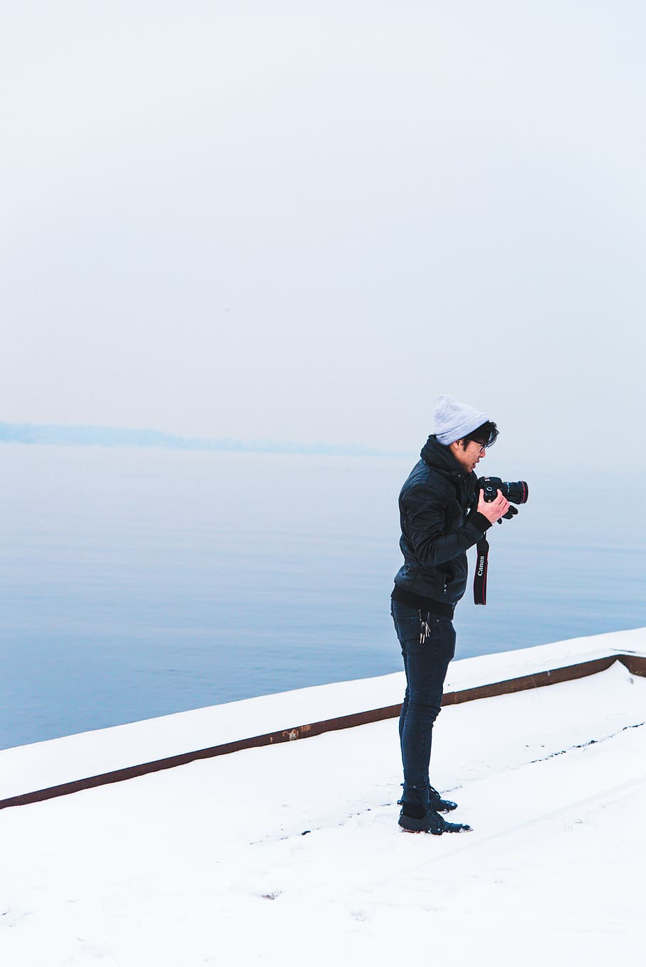 camera, cold, dock, dslr, jacket, male, man, model, person HD wallpaper