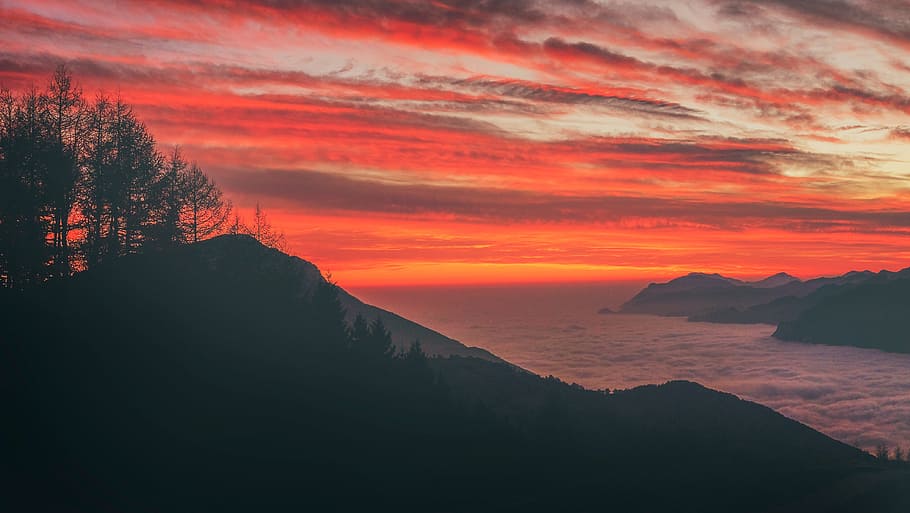 sunset, ocean, clouds, sky, sea, beach, trees, mountain, nature HD wallpaper