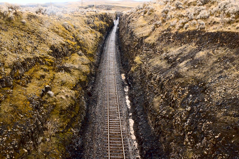 Train Tracks, train track between rocks, railway, line, stone HD wallpaper