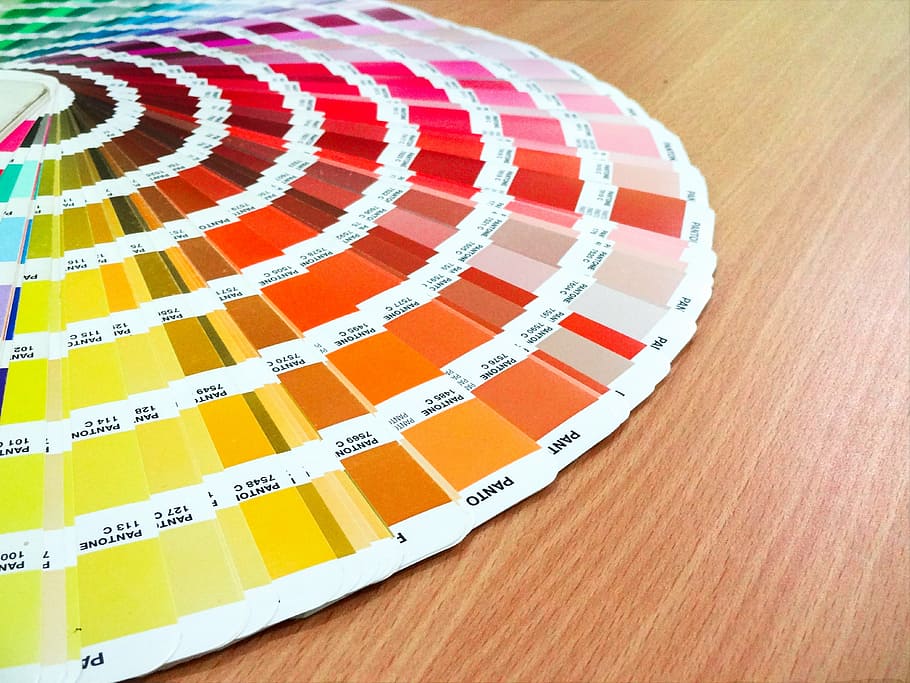 color chart on brown wooden table, pantone, swatches, nuance, HD wallpaper