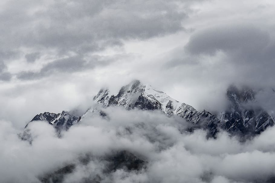 mountain coated with snow, mountain surrounded by clouds, mist HD wallpaper