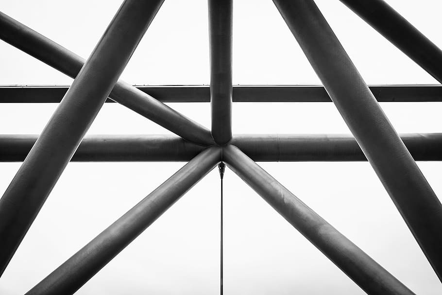 architecture, shapes, interior, support, abstract, bw, steel HD wallpaper