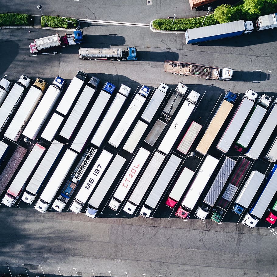 aerial view of vehicles, container, van, truck, export, travel