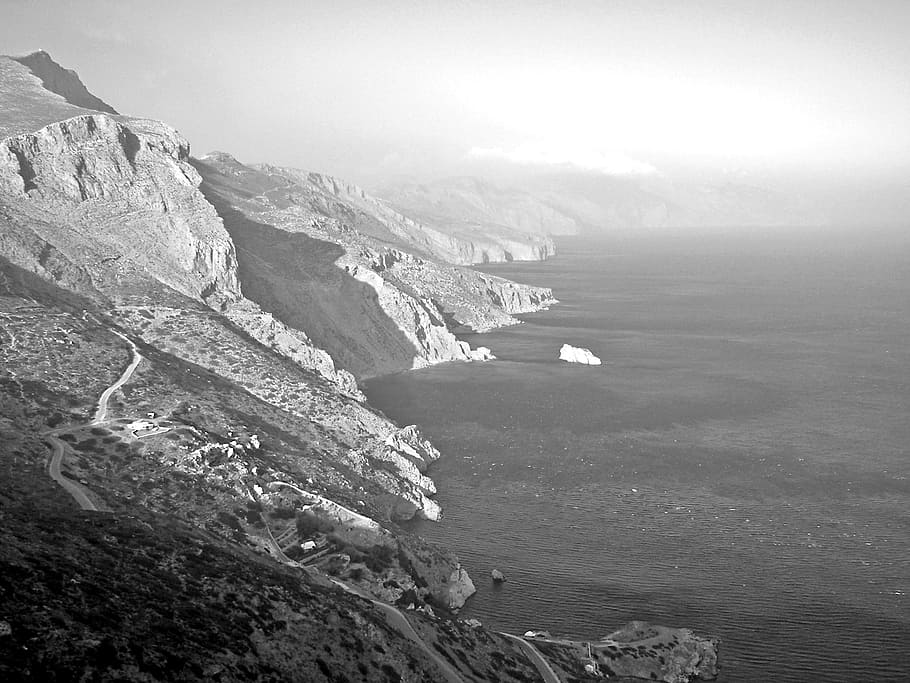Amorgos, Cyclades, Greece, Hellas, cliff, aegean sea, greyscale HD wallpaper