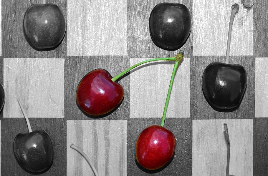 Cherries, Chess Board, Checkerboard, red, red cherries, highlighted, HD wallpaper