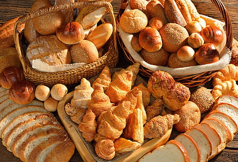 baskets of baked breads on table, candy, pies, food, food and drink HD wallpaper