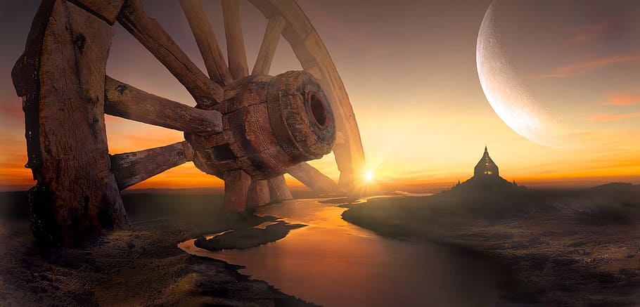 brown wooden cart wheel on body of water during sunset, fantasy HD wallpaper