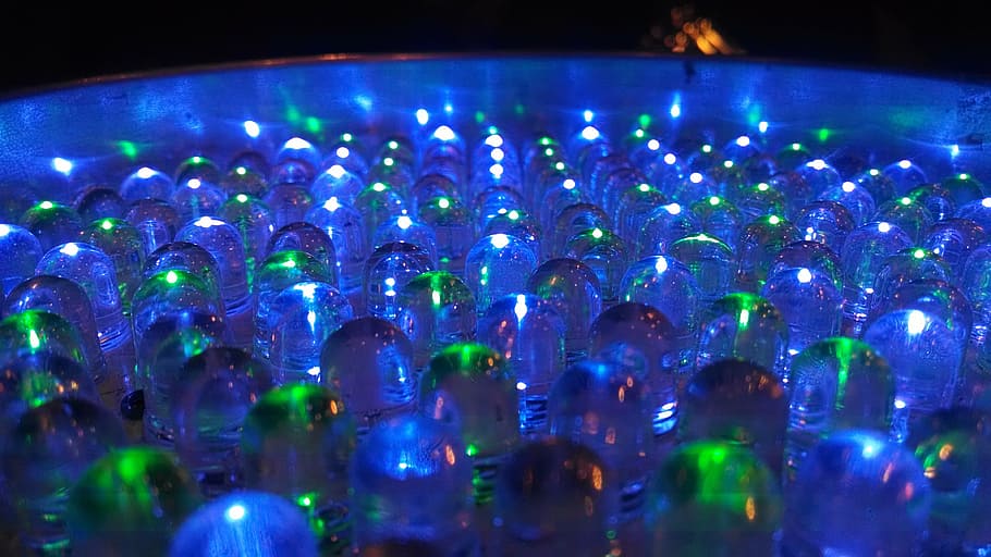 turned-on blue and green LED light, bulb, abstract, macro, illuminated HD wallpaper