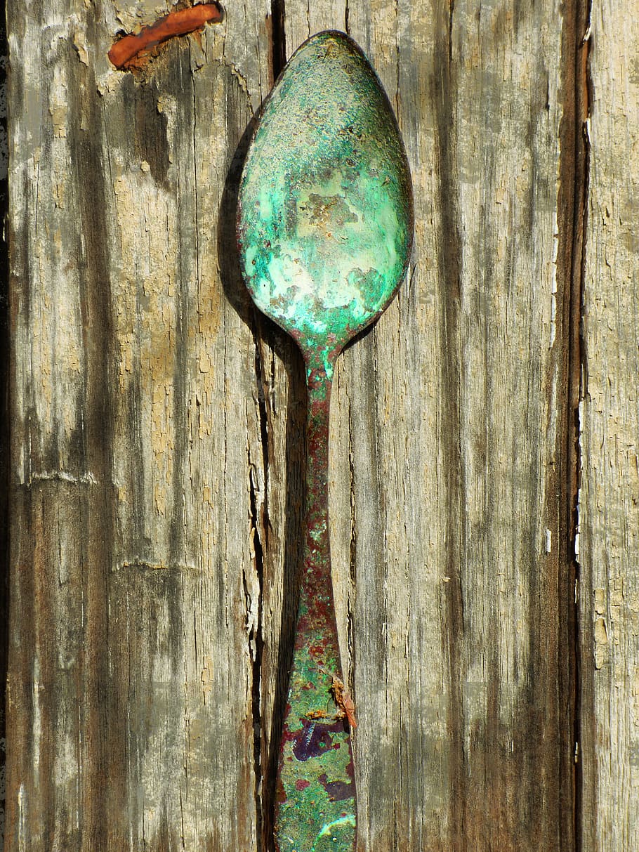 spoon, old, alpaca, rusty, abandoned, vintage, wood, wood - material HD wallpaper
