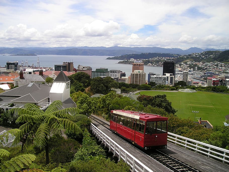 red train on railroad during daytime, new zealand, wellington, HD wallpaper