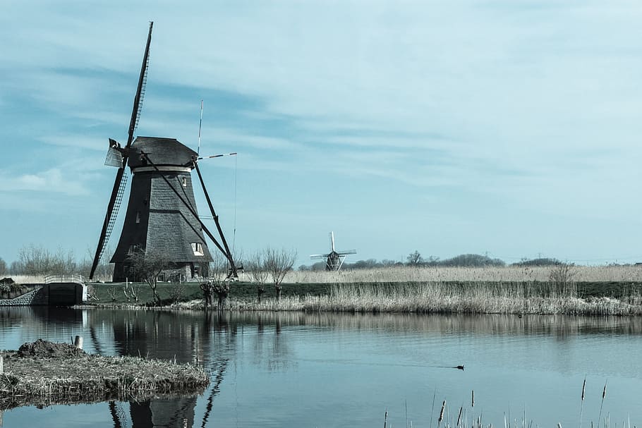 netherlands, windmill, fuel and power generation, water, wind turbine HD wallpaper