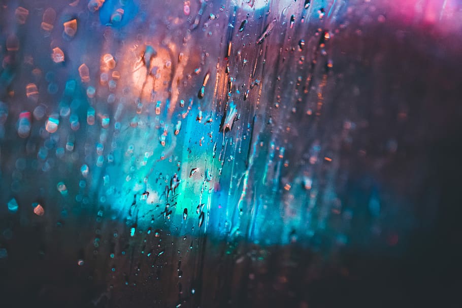 shallow focus photography of raindrops on glass, window, color
