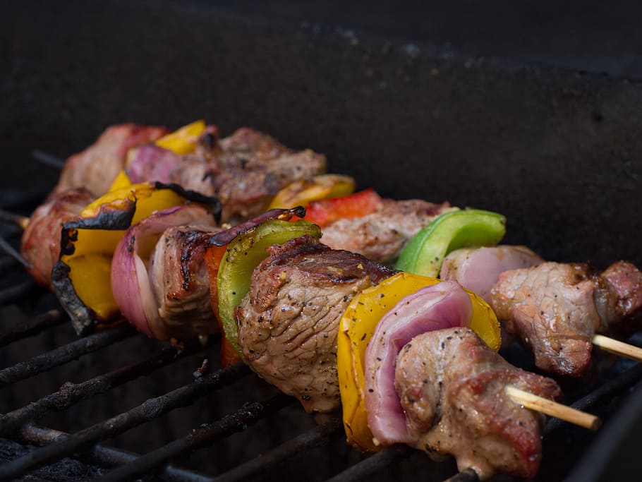 meat barbecue, skewer, vegetables, grill, food, bbq, food and drink, HD wallpaper