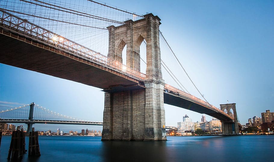 landscape photography of bridge, Brooklyn Bridge, sunset, cable HD wallpaper