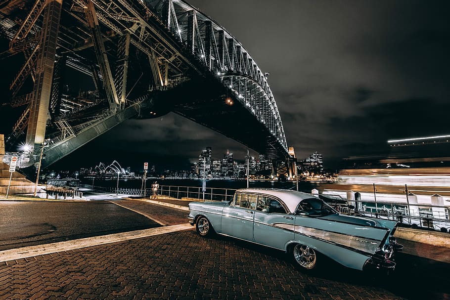 Oldschool, classic blue car arch bridge at nighttime, structure HD wallpaper