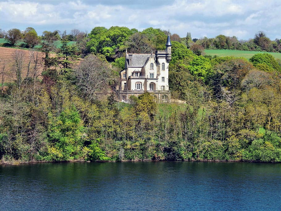 manor, river, brittany, tree, landscape, water courses, green HD wallpaper