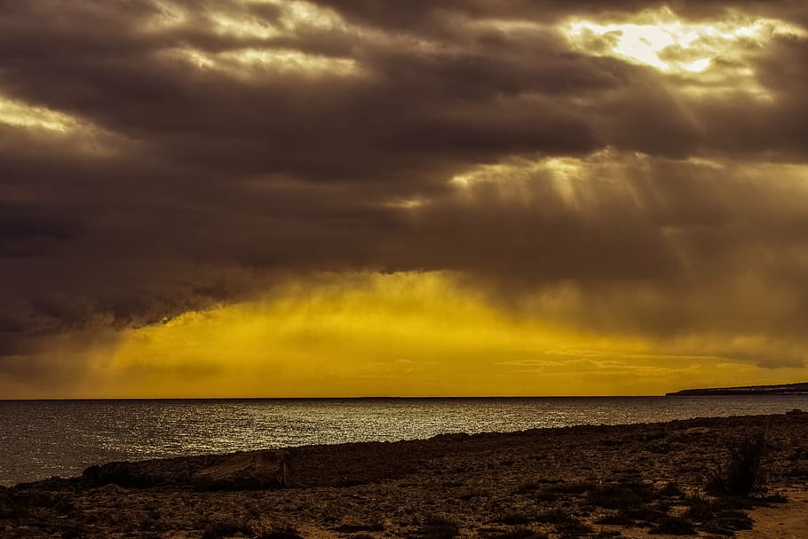 coast, rocky, sky, clouds, sunlight, sunbeam, landscape, nature HD wallpaper