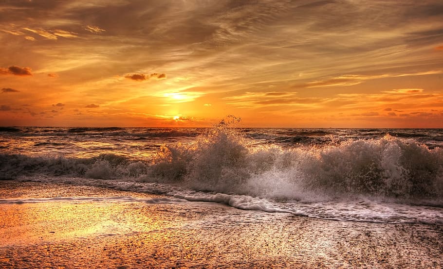 sea waves crashing on shore during sunset, denmark, sky, nature, HD wallpaper