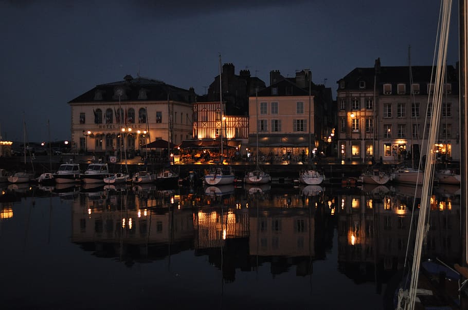 normandy, honfleur, building exterior, illuminated, reflection HD wallpaper