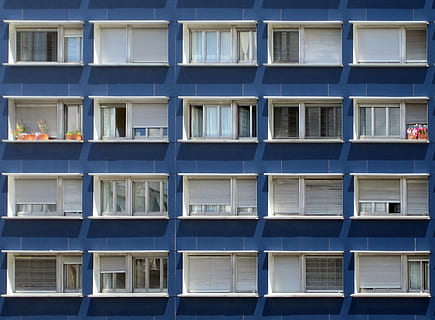 white and blue concrete building, windows, pattern, modern HD wallpaper