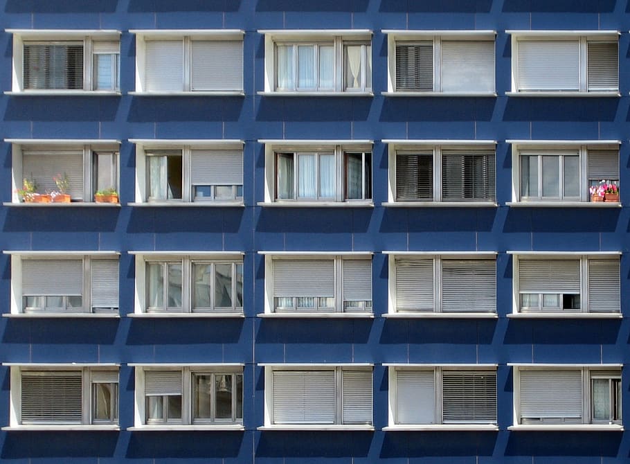 white and blue concrete building, windows, pattern, modern HD wallpaper