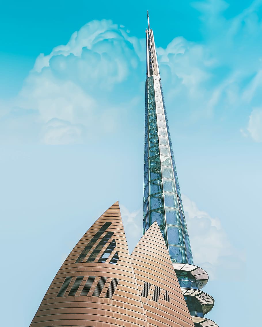 low angle photography of curtain-wall tower building under blue skies during daytime, wormseye view of high rise building HD wallpaper