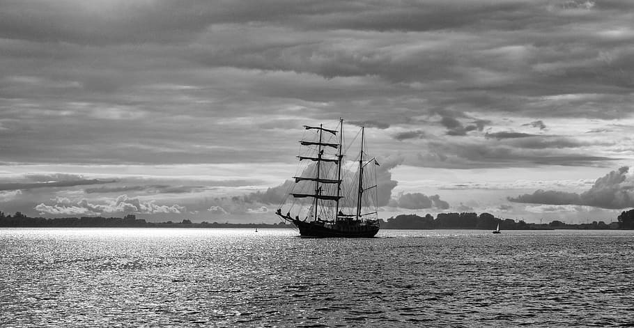 sailing vessel, clouds, black and white, lighting, port, masts HD wallpaper