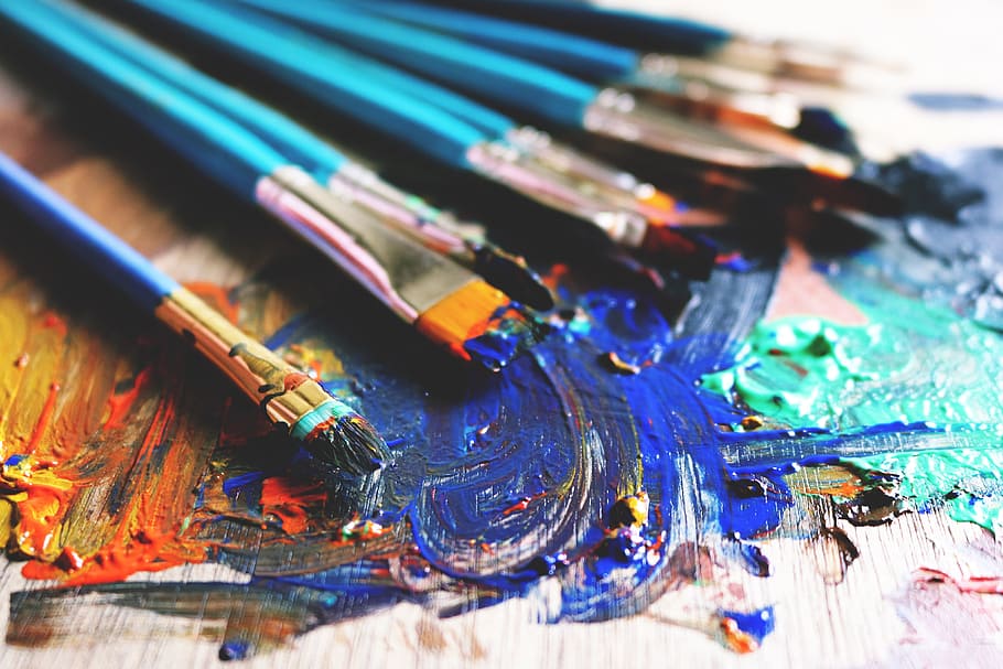 Art brushes and paint, various, painting, multi Colored, blue