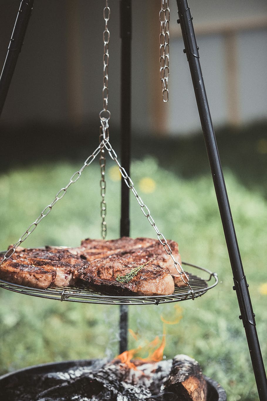 Meat cooking, untitled, chains, grill, bbq, barbecue, tripod HD wallpaper