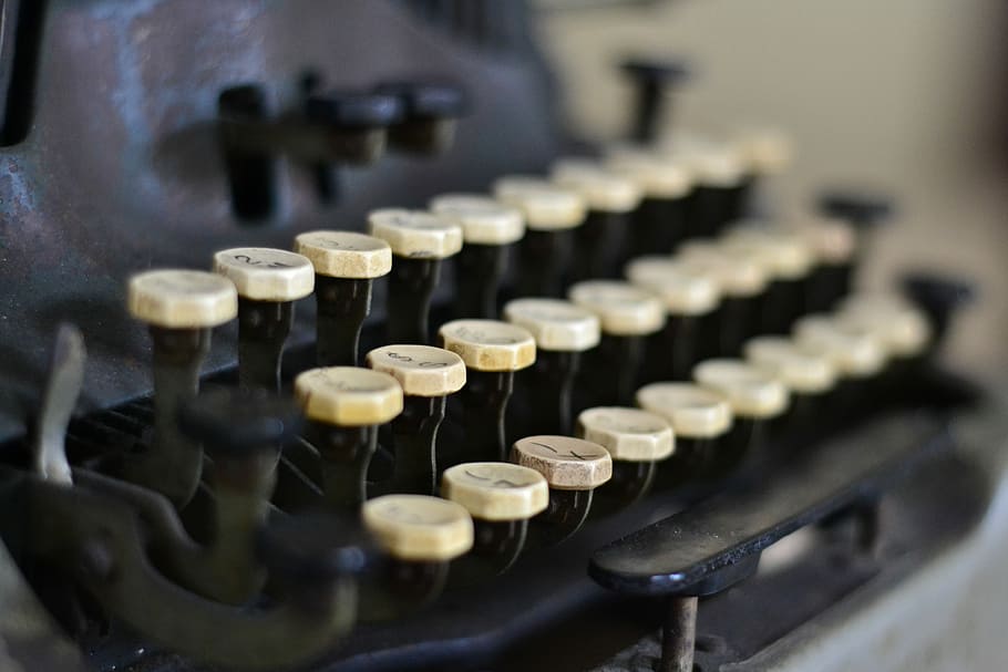 black and white typewriter in tilt shift lens photography, vintage