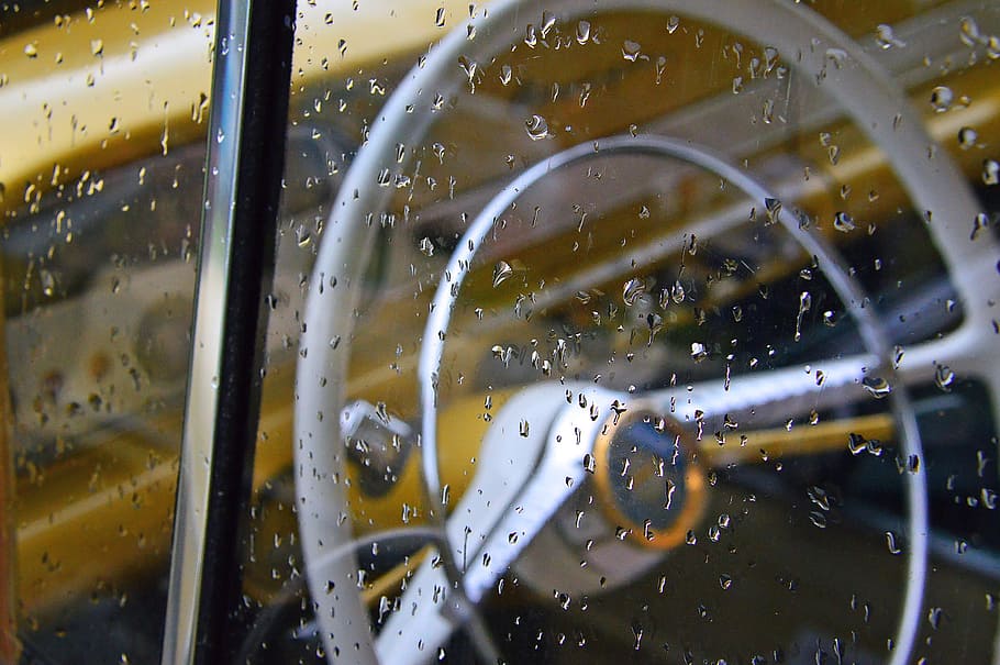 car, oldtimer, yellow, rain, old car, veteran, vintage vehicles HD wallpaper