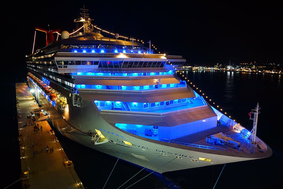 white cruise ship on dock, night, neon light, port, travel, lake