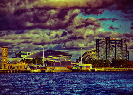 skyline photography under grey and blue sky, glasgow, hydro HD wallpaper