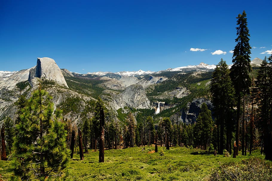 yosemite, waterfall, landscape, mountains, green, nature, top view HD wallpaper