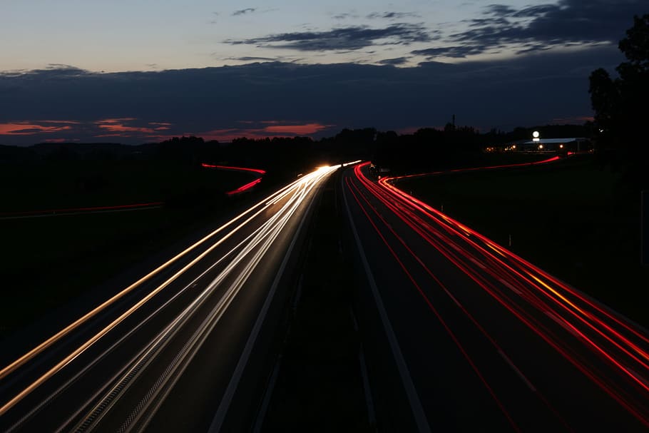 autobahn, time exposure, sunset, long exposure, illuminated HD wallpaper