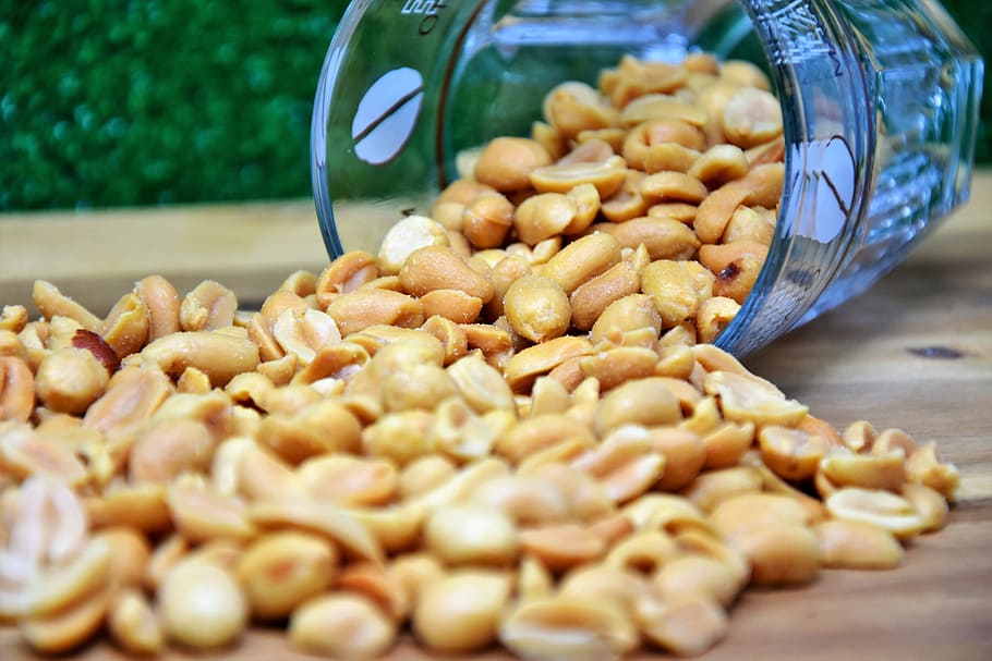 spilled peanuts from jar, knabberzeug, nibble, snack, roasted HD wallpaper
