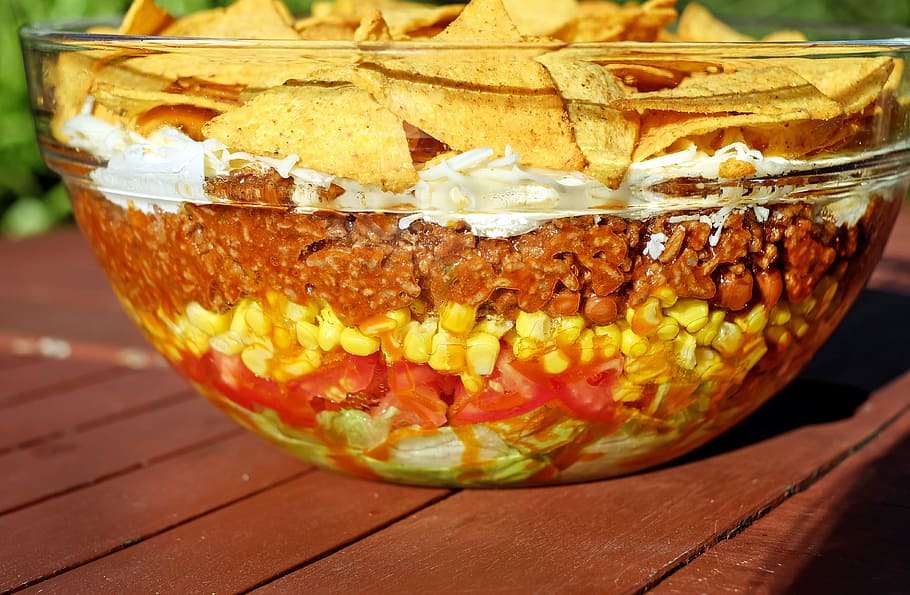 clear glass bowl with assorted snacks, salad, taco salad, mexican HD wallpaper