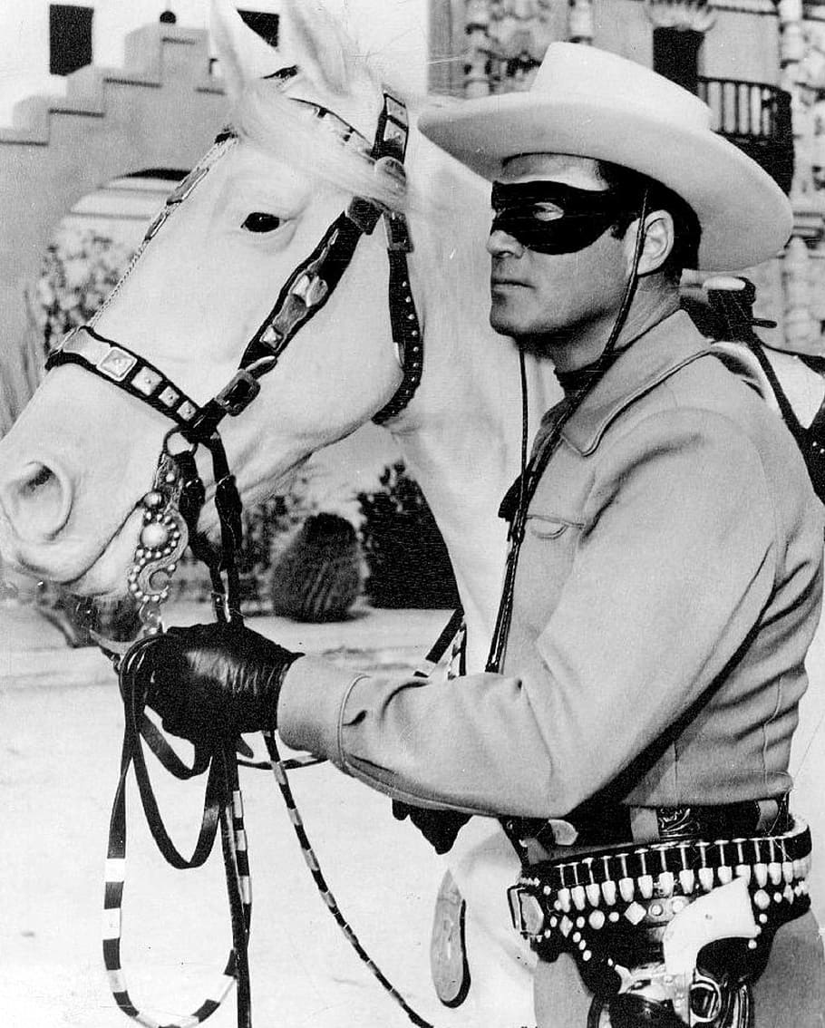 grayscale photo of man beside horse, lone ranger, television