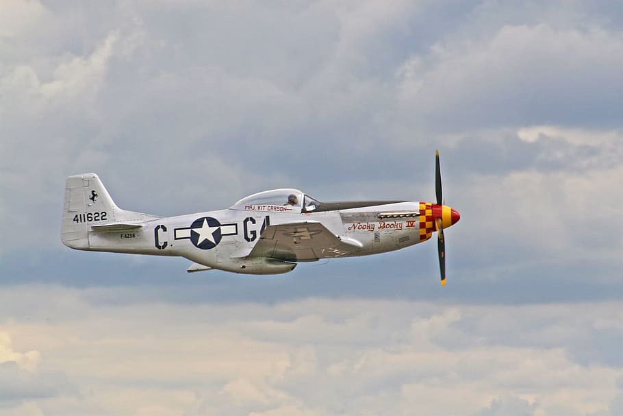 silver propeller jet fighter above white clouds, grey and white airplane HD wallpaper