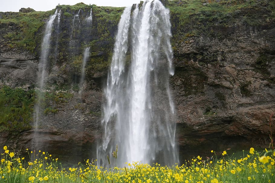 waterfall at daytime, environment, grass, landscape, mountain HD wallpaper