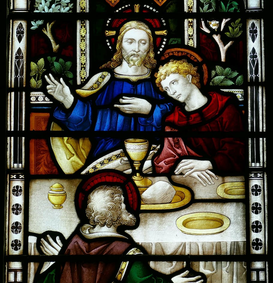 Jesus Christ beside saint stained glass window, church, church window