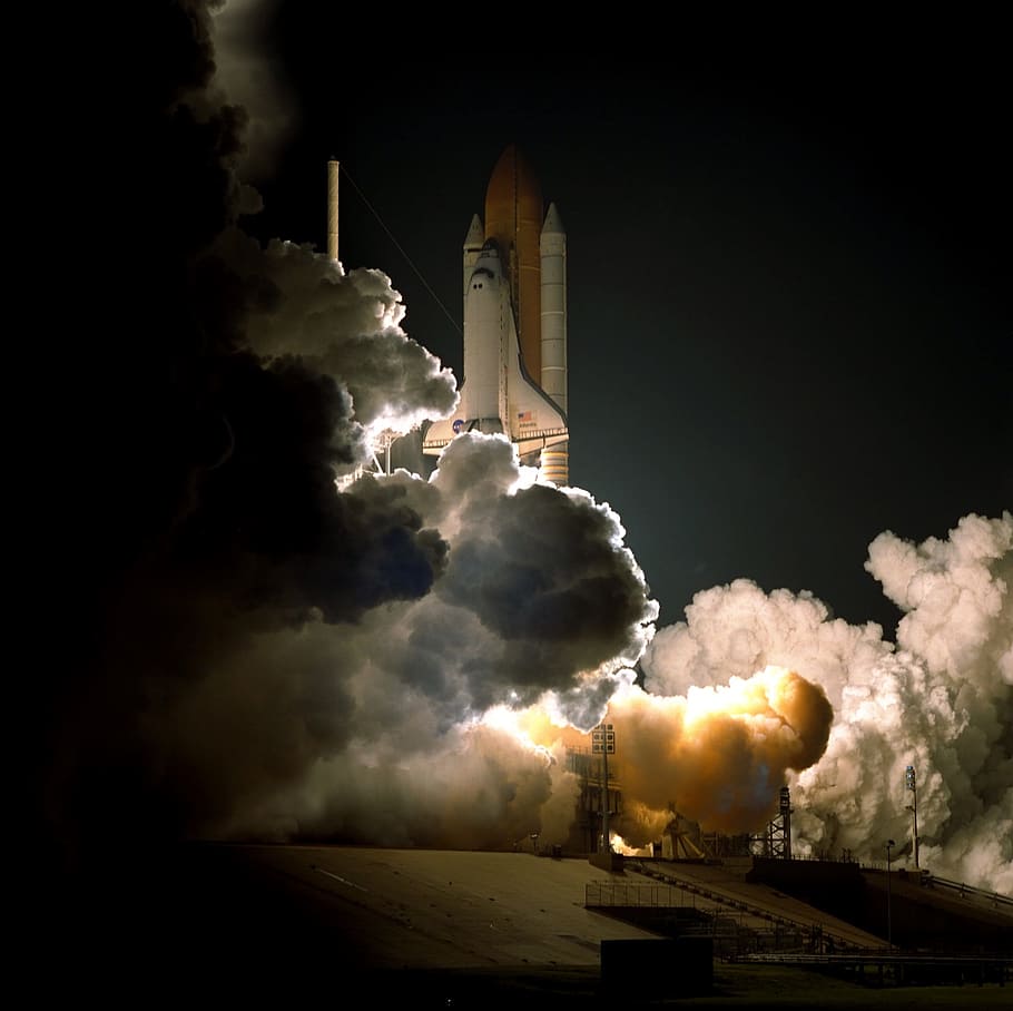 space shuttle at night time, atlantis space shuttle launch, liftoff