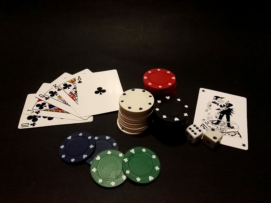 poker chips, royal flush playing cards, and dice, Poker, Cards