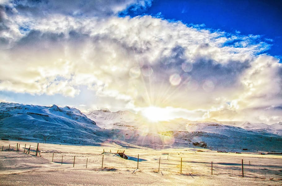 snow mountain under white clouds, bokeh photography of clouds HD wallpaper