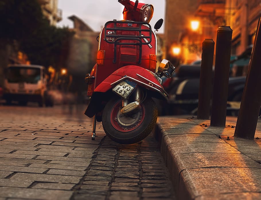 Selective Photography of Red Motor Scooter, asphalt, blur, city, HD wallpaper