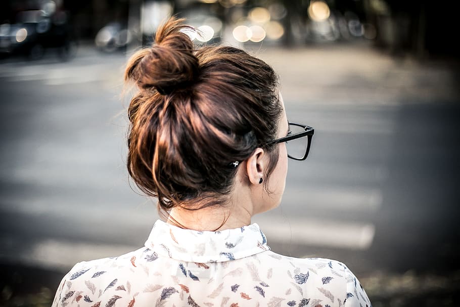 person, woman, girl, blur, adorable, back view, bun, close-up HD wallpaper